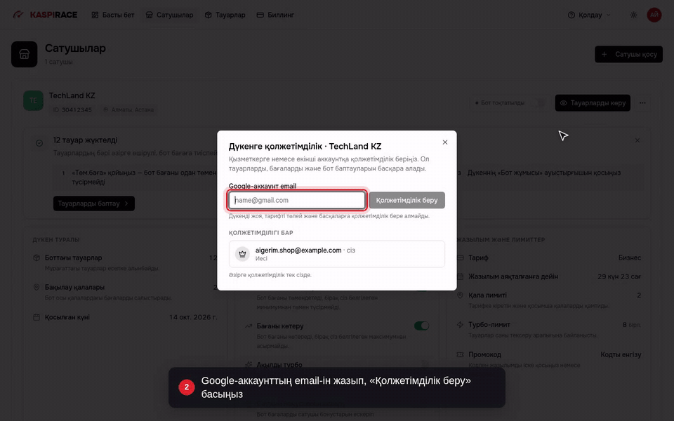 Google-аккаунттың email-ін жазып, «Қолжетімділік беру» басыңыз