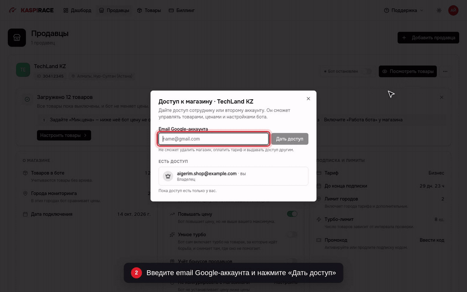 Введите email Google-аккаунта и нажмите «Дать доступ»